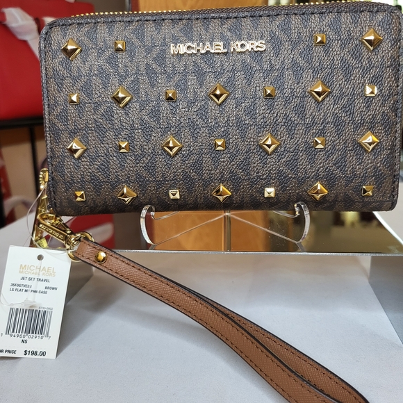 Michael Kors Jet Set Large Flat Multifunction Phone Case In Brown Signature - Picture 1 of 4